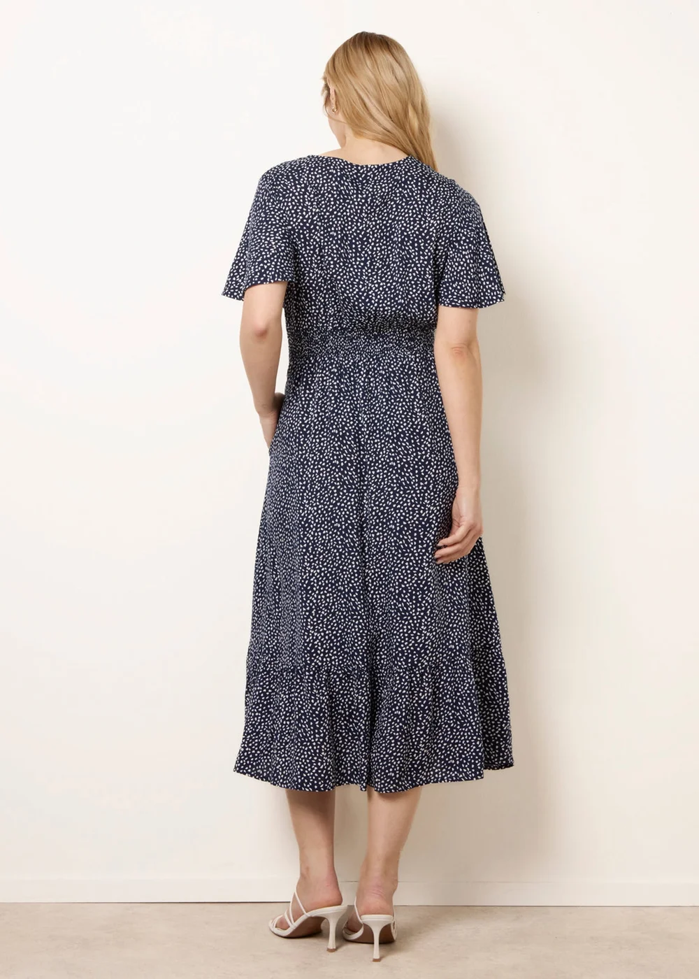 Blue Vanilla Navy Angel Sleeve Shirred Waist Tier Hem Midi Dress - S Image 4