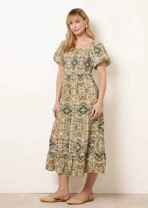 Blue Vanilla Green Abstract Print Puff Sleeve Midi Dress - S Image 3