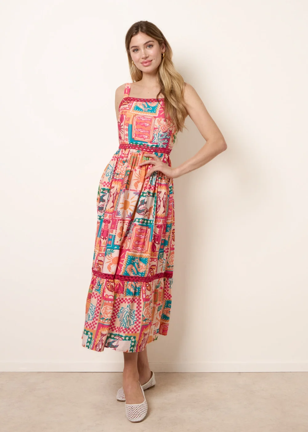 Blue Vanilla Orange Ric Rac Trim Postcard Print Dress - M Image 1