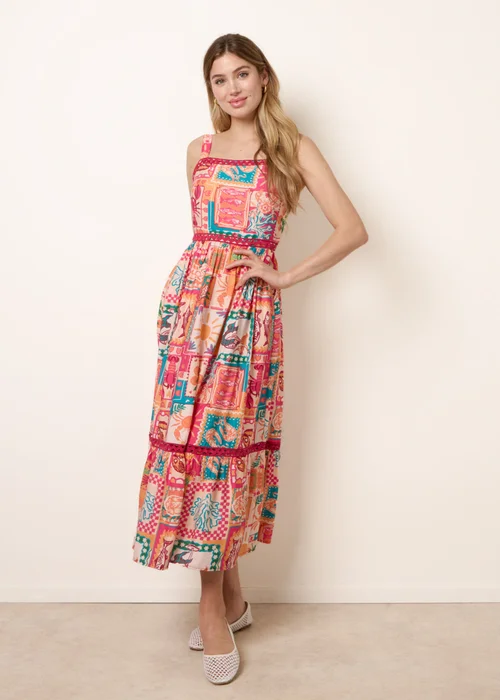 Blue Vanilla Orange Ric Rac Trim Postcard Print Dress - M Image 1