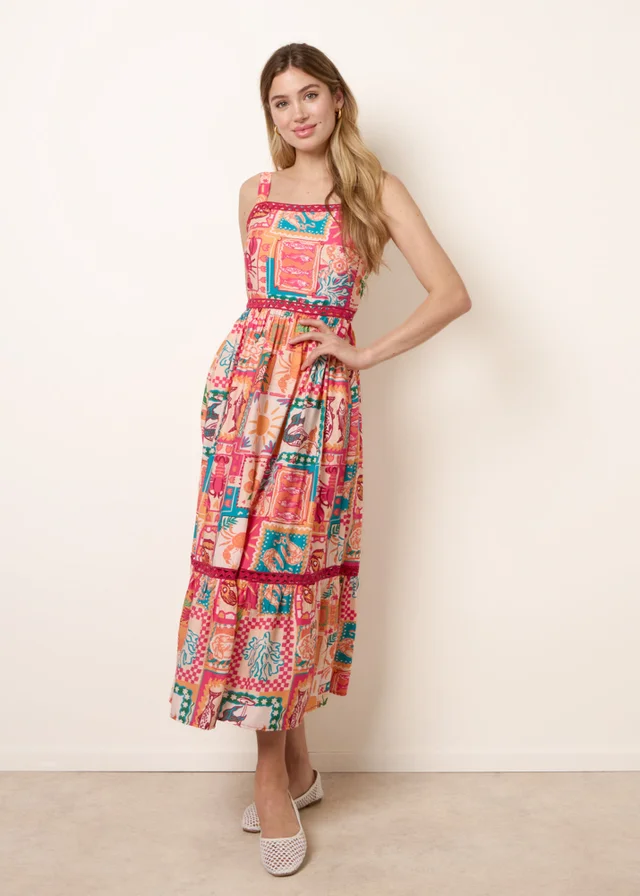 Blue Vanilla Orange Ric Rac Trim Postcard Print Dress