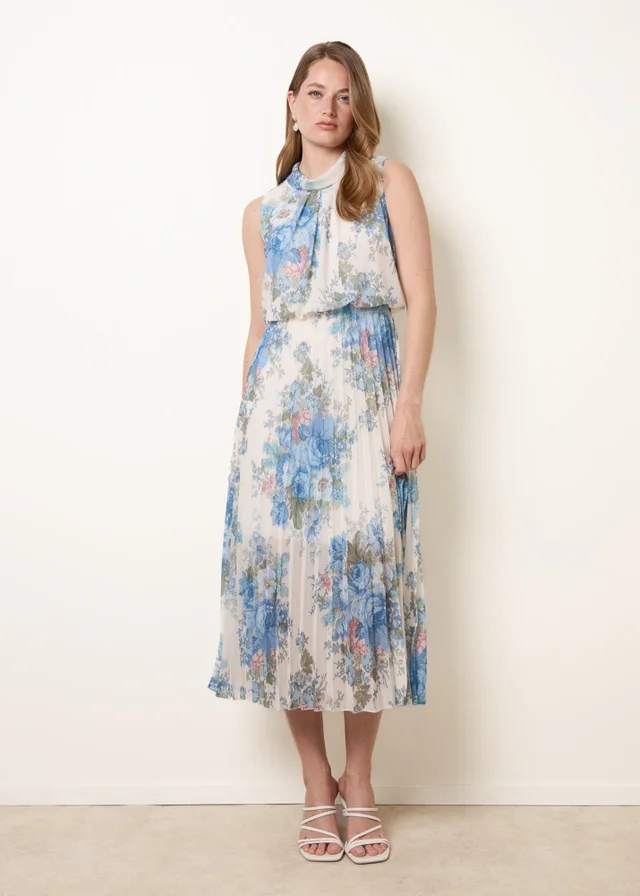 Blue Vanilla White Printed Sleeveless Cowl Neck Pleated Dress