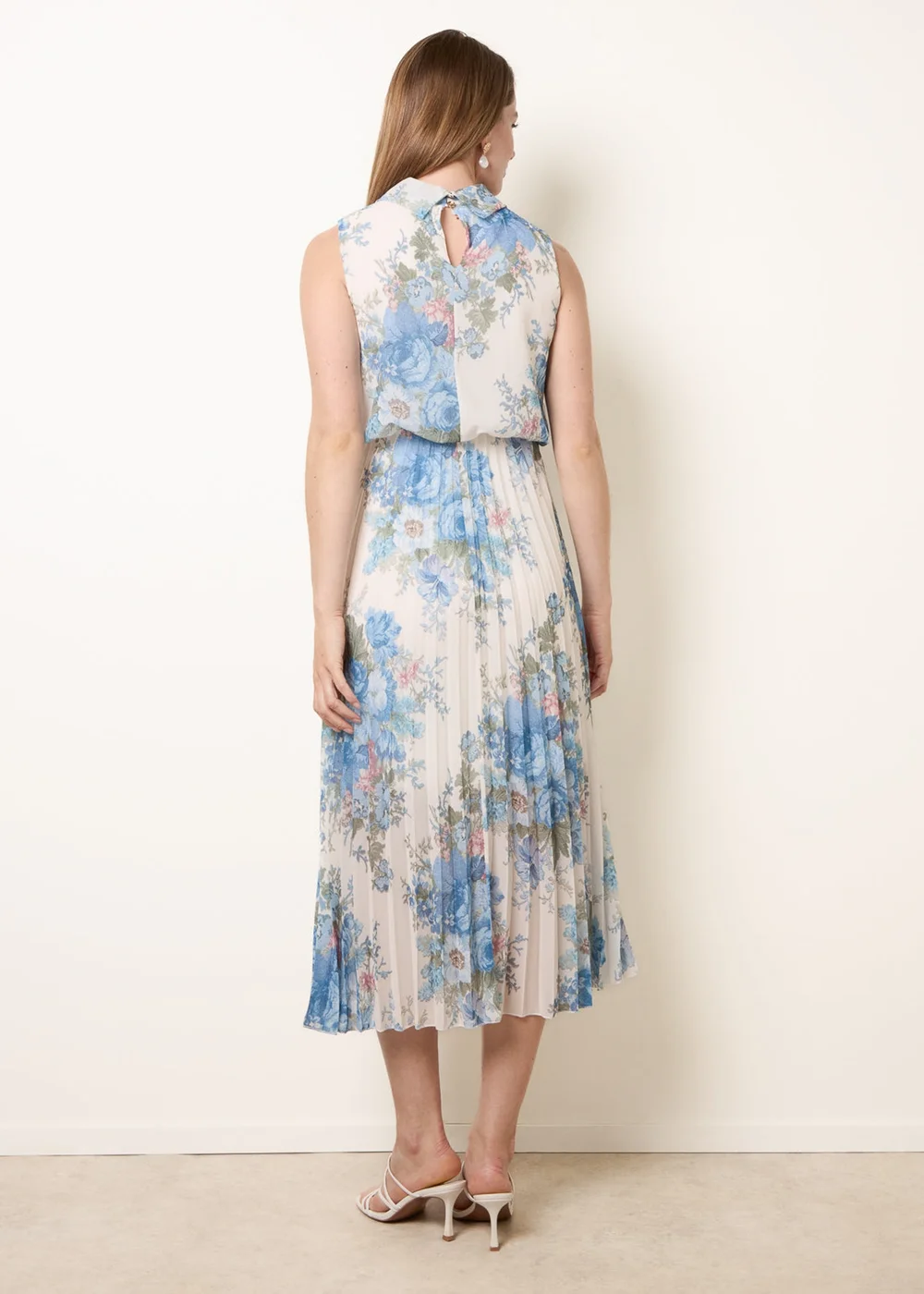 Blue Vanilla White Printed Sleeveless Cowl Neck Pleated Dress - S Image 4