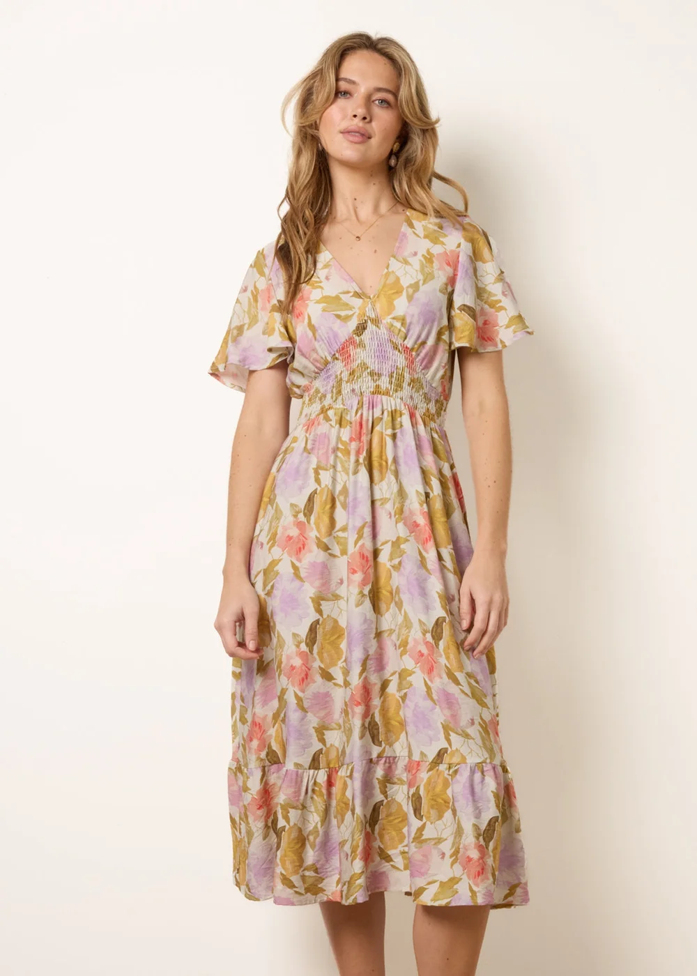 Blue Vanilla Multi Floral Print Angel Sleeve Midi Dress - M Image 2