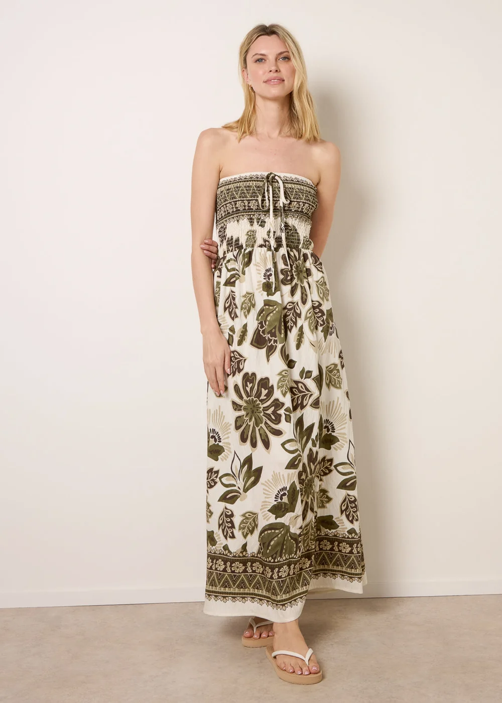 Blue Vanilla Khaki Flower Print Bandeau Maxi Dress - S/M Image 1