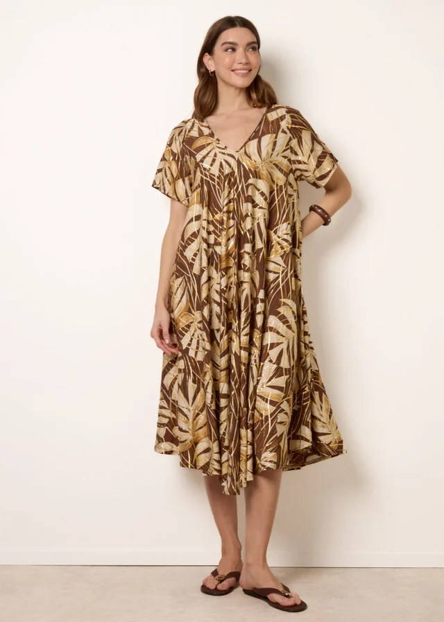 Blue Vanilla Brown Topical Print Kimono Style Oversized Dress