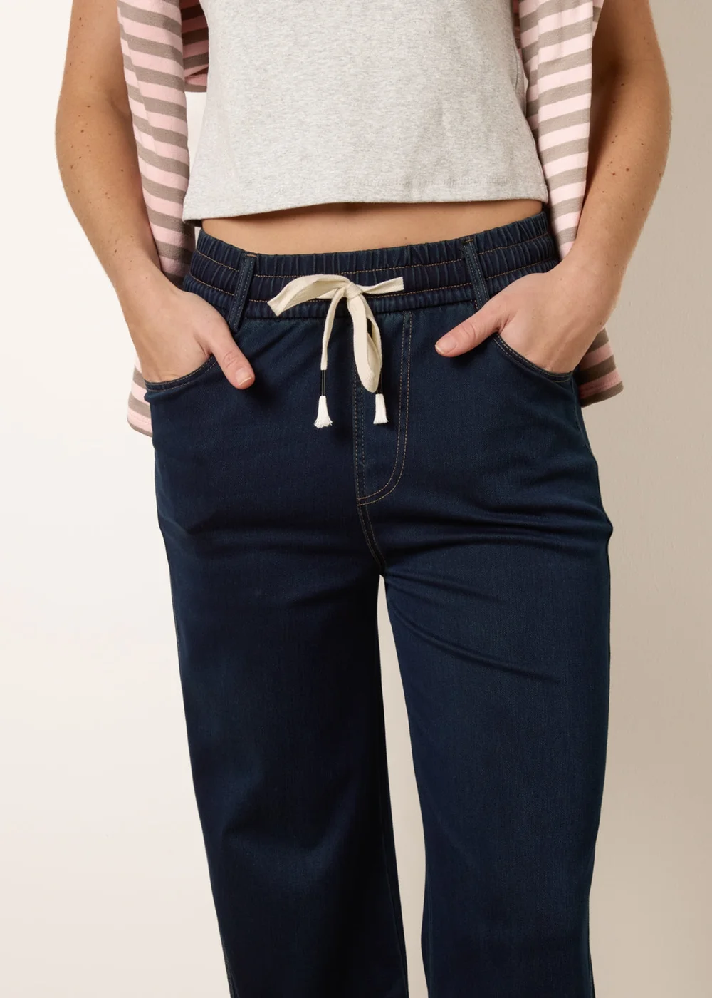 Blue Vanilla Navy Herringbone Tie Up Stretch Trousers - L Image 3