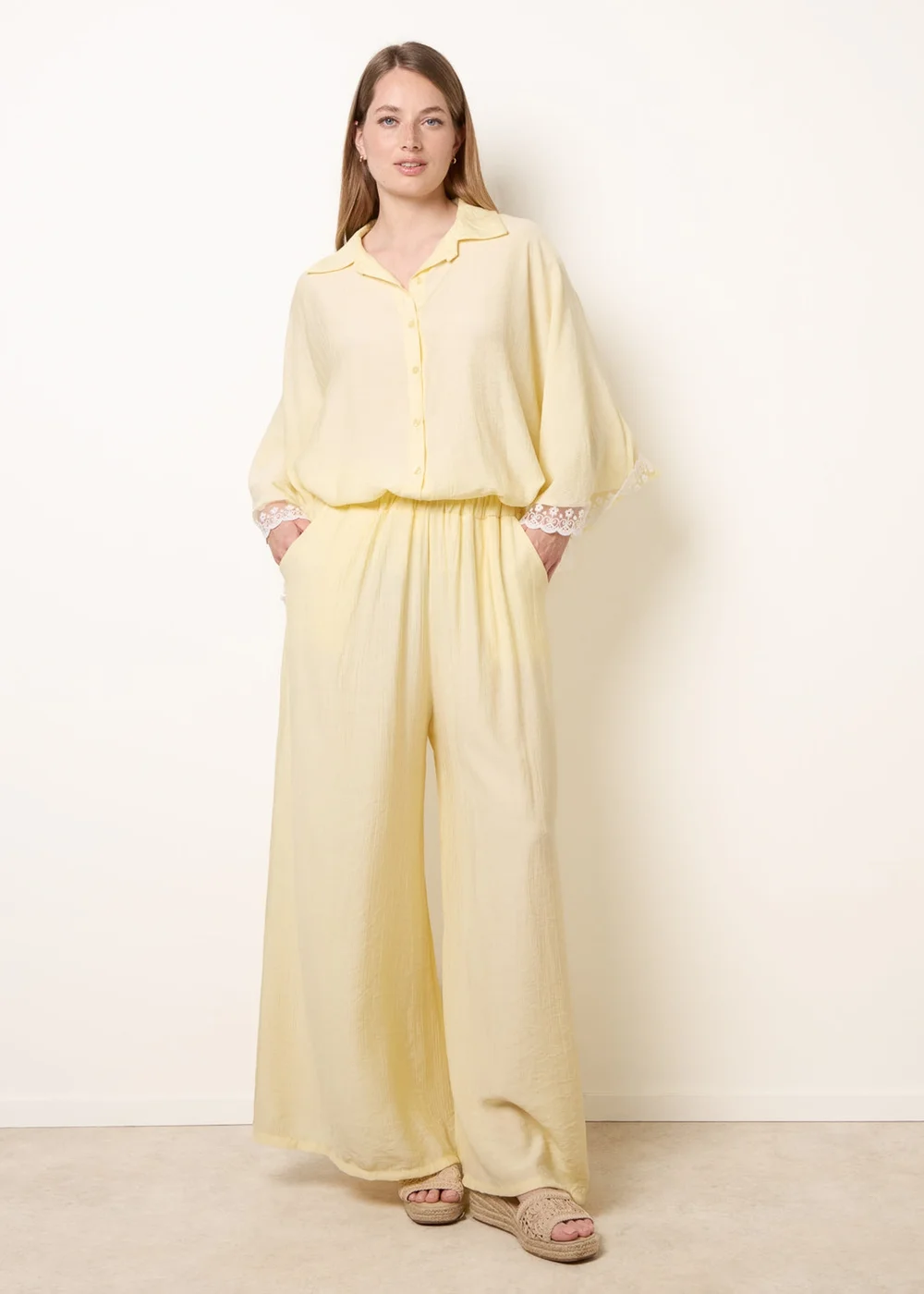Blue Vanilla Yellow Crinkle Viscose Wide Leg Trousers - One Size Image 1
