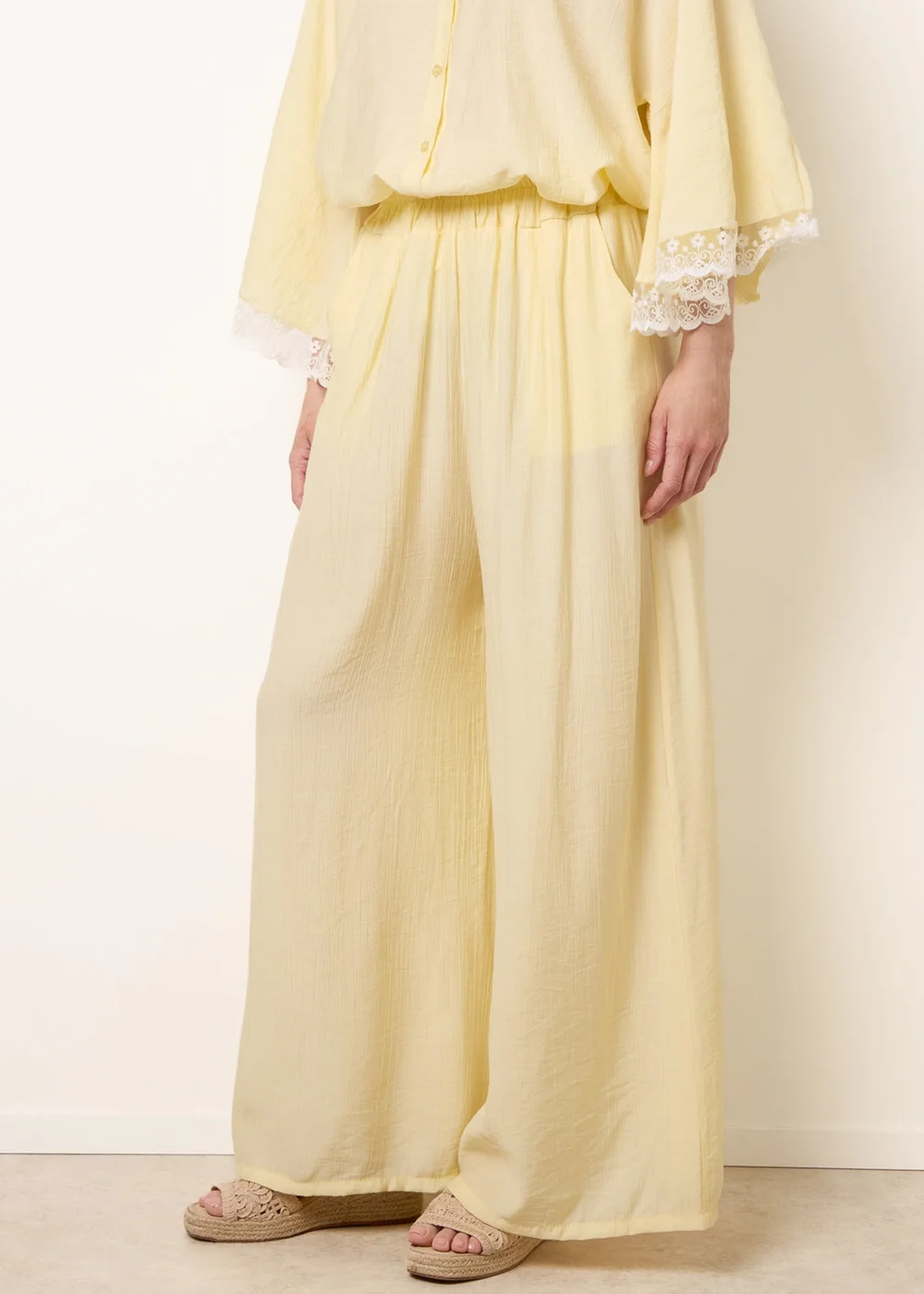 Blue Vanilla Yellow Crinkle Viscose Wide Leg Trousers - One Size Image 2