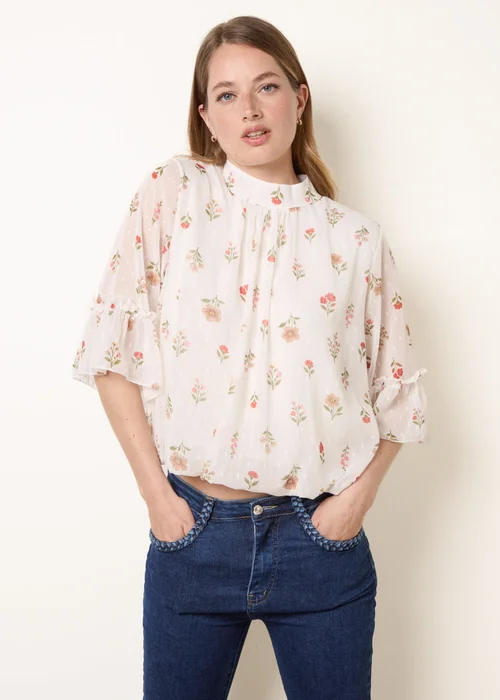 Blue Vanilla White High Neck Frill Sleeve Dobby Floral Print Puffball Blouse - M/L Image 2