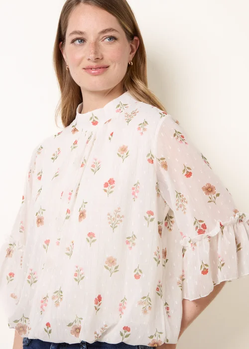 Blue Vanilla White High Neck Frill Sleeve Dobby Floral Print Puffball Blouse - M/L Image 3