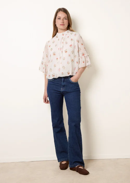 Blue Vanilla White High Neck Frill Sleeve Dobby Floral Print Puffball Blouse - M/L Image 1