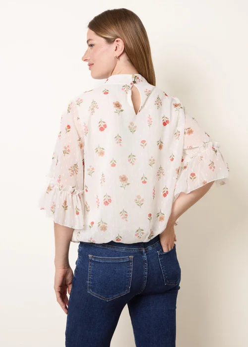 Blue Vanilla White High Neck Frill Sleeve Dobby Floral Print Puffball Blouse - M/L Image 4