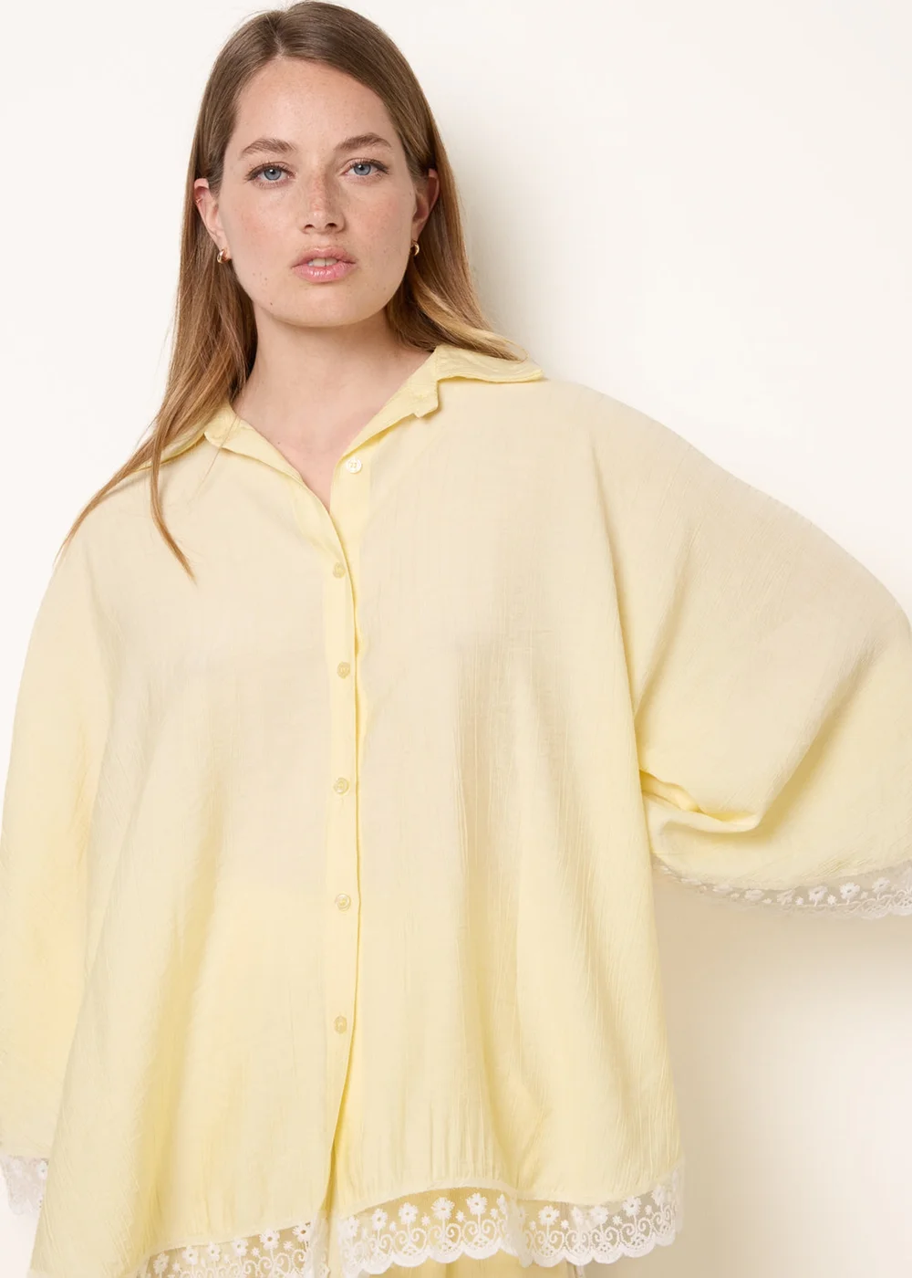 Blue Vanilla Yellow Oversize Crinkle Lace Hem Shirt - One Size Image 3