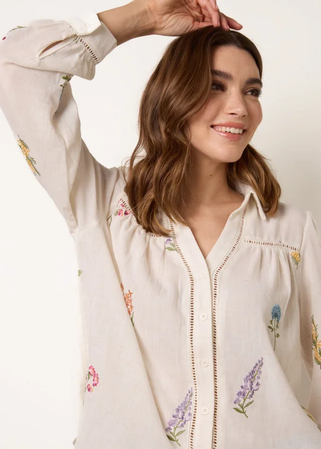 Blue Vanilla Stone Long Sleeve Embroidered Button Front Blouse