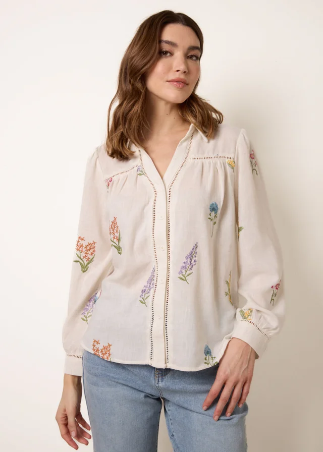 Blue Vanilla Stone Long Sleeve Embroidered Button Front Blouse