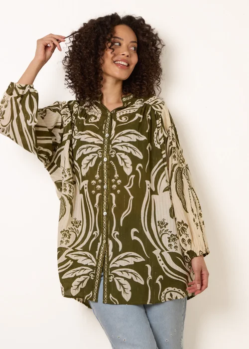 Blue Vanilla Khaki Tropical Metallic Oversized Shirt - One Size Image 1