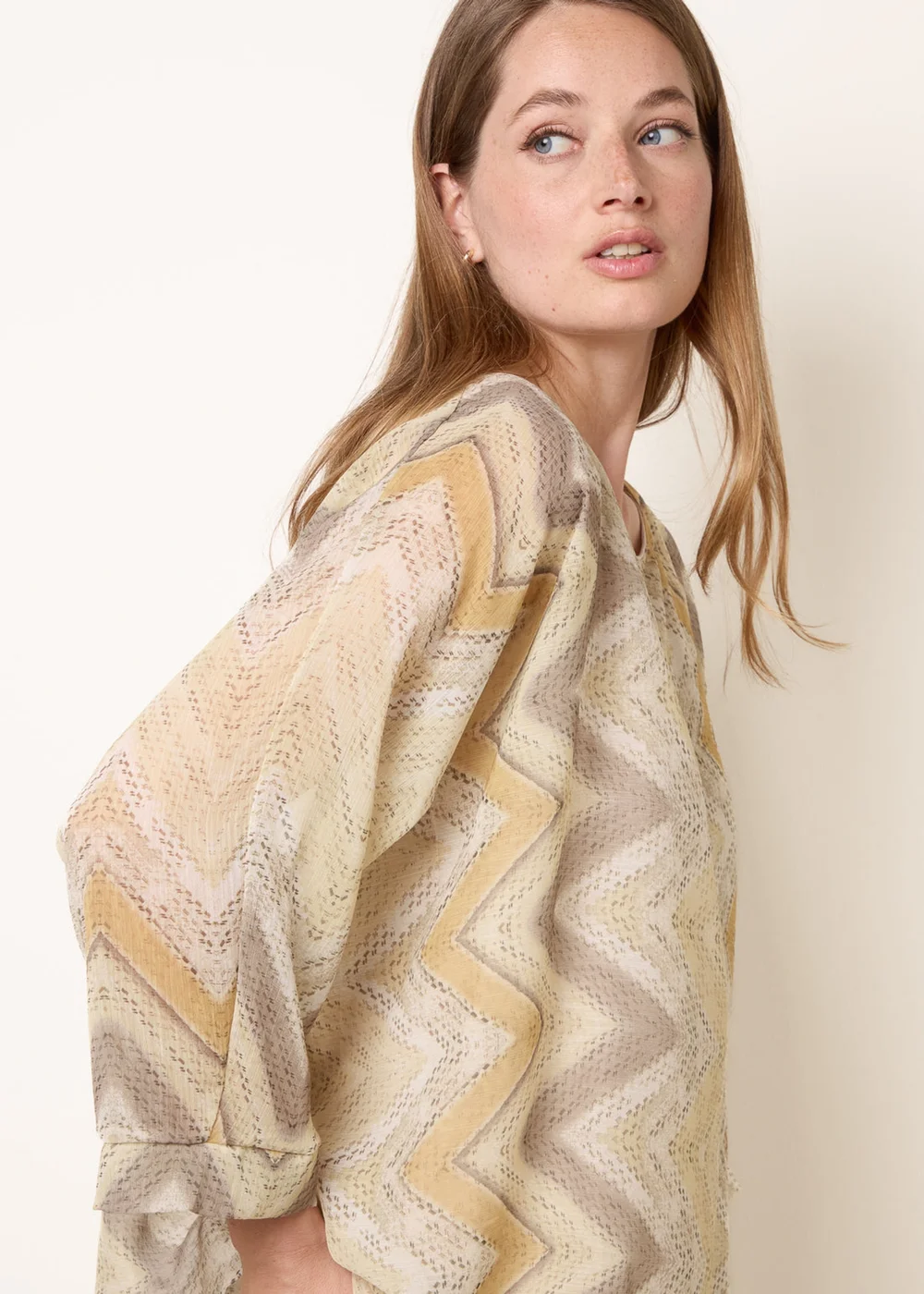 Blue Vanilla Yellow Zig Zag Round Neck Oversized Top - One Size Image 1