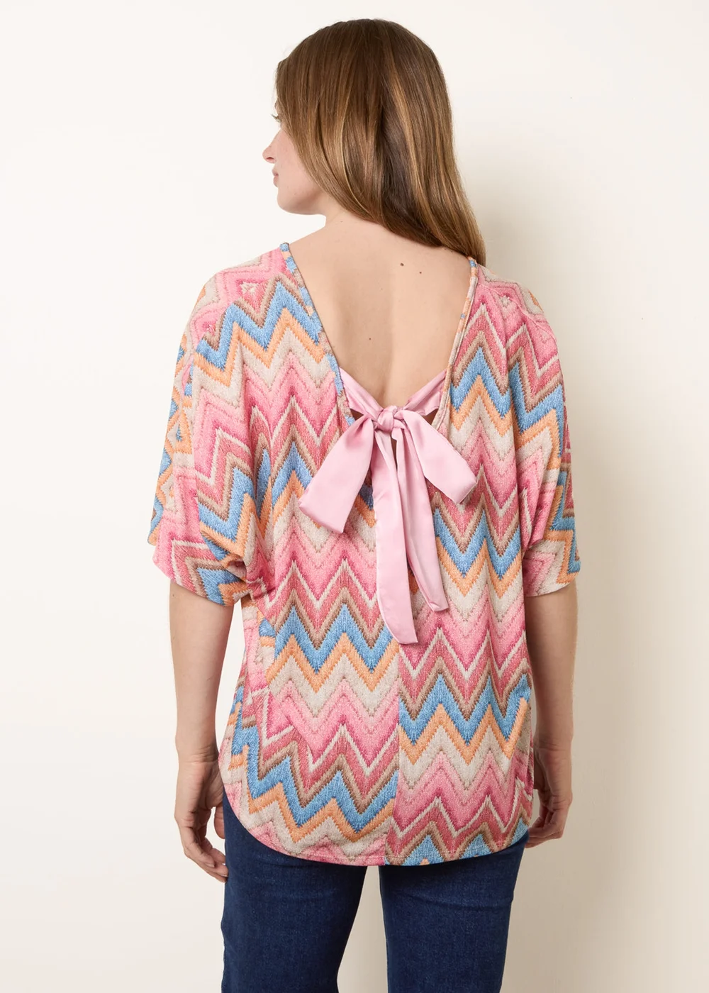 Blue Vanilla Pink Zig Zag Metallic Bow Back Top - One Size Image 5
