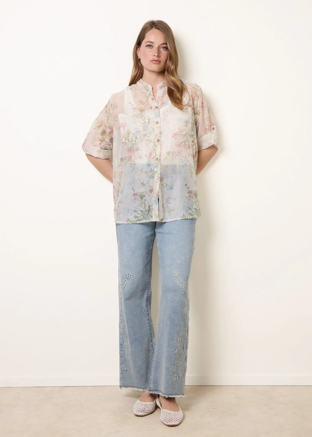 Blue Vanilla White Sheer Floral Shirt - One Size Image 2