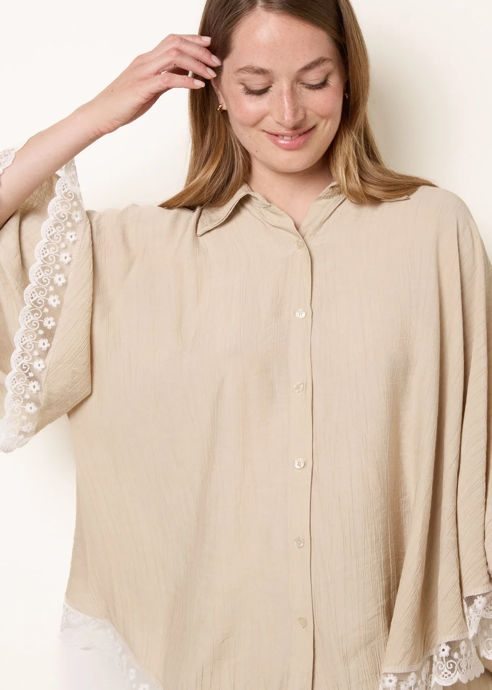 Blue Vanilla Beige Oversize Crinkle Lace Hem Shirt - One Size Image 3