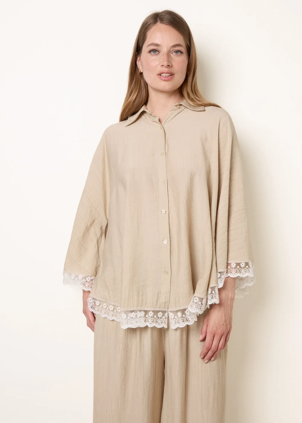 Blue Vanilla Beige Oversize Crinkle Lace Hem Shirt - One Size Image 2