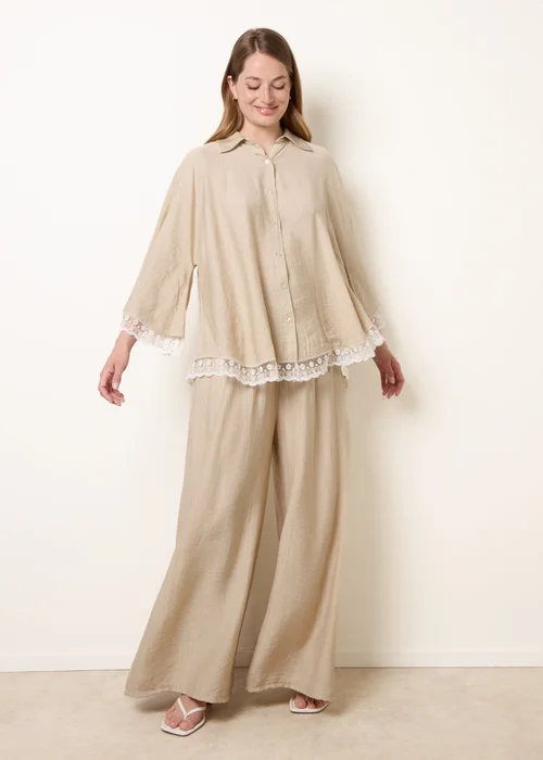 Blue Vanilla Beige Oversize Crinkle Lace Hem Shirt - One Size Image 1