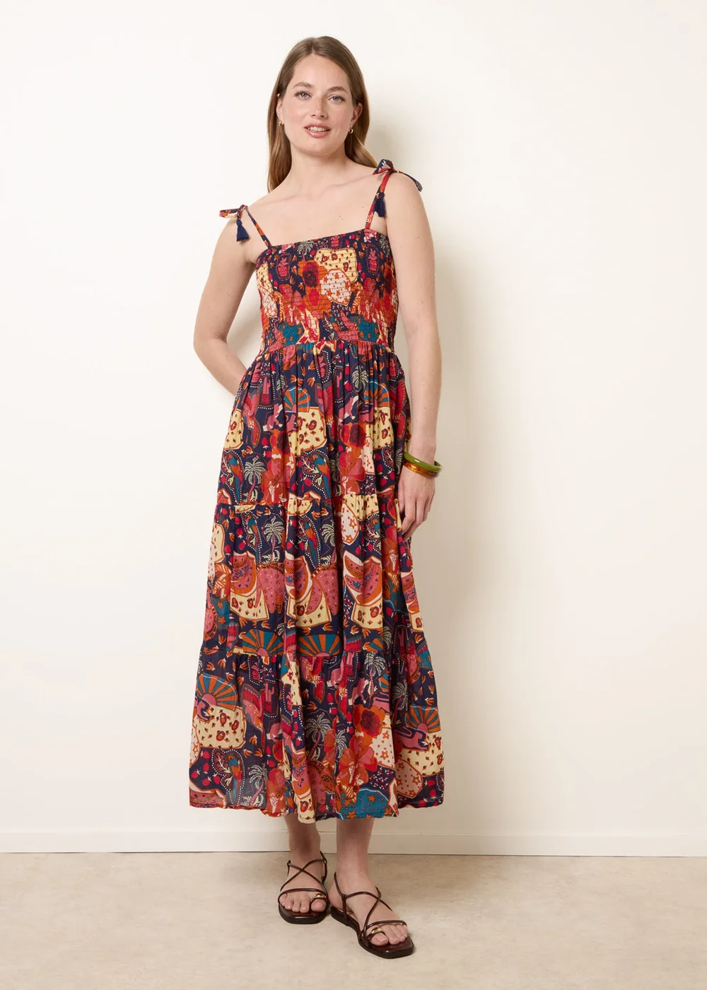 Blue Vanilla Navy Bold Print Shirred Waist Dress - L Image 1