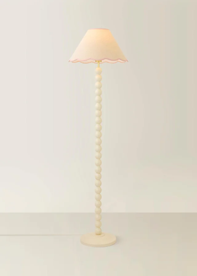 ValueLights Bobble Cream Floor Lamp with Pink Trim Scallop Shade