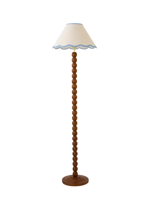 ValueLights Bobble Walnut Floor Lamp with Blue Trim Scallop Shade - One Size Image 4