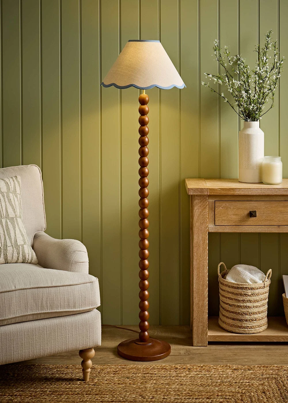 ValueLights Bobble Walnut Floor Lamp with Blue Trim Scallop Shade - One Size Image 5