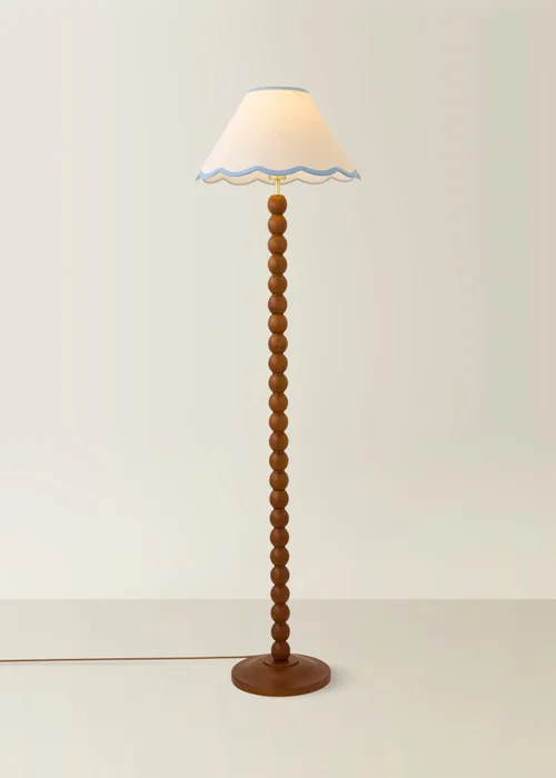 ValueLights Bobble Walnut Floor Lamp with Blue Trim Scallop Shade - One Size Image 2