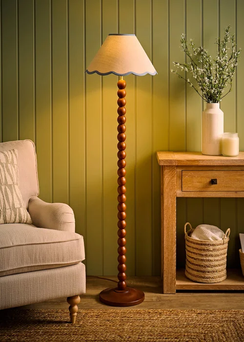 ValueLights Bobble Walnut Floor Lamp with Blue Trim Scallop Shade - One Size Image 1