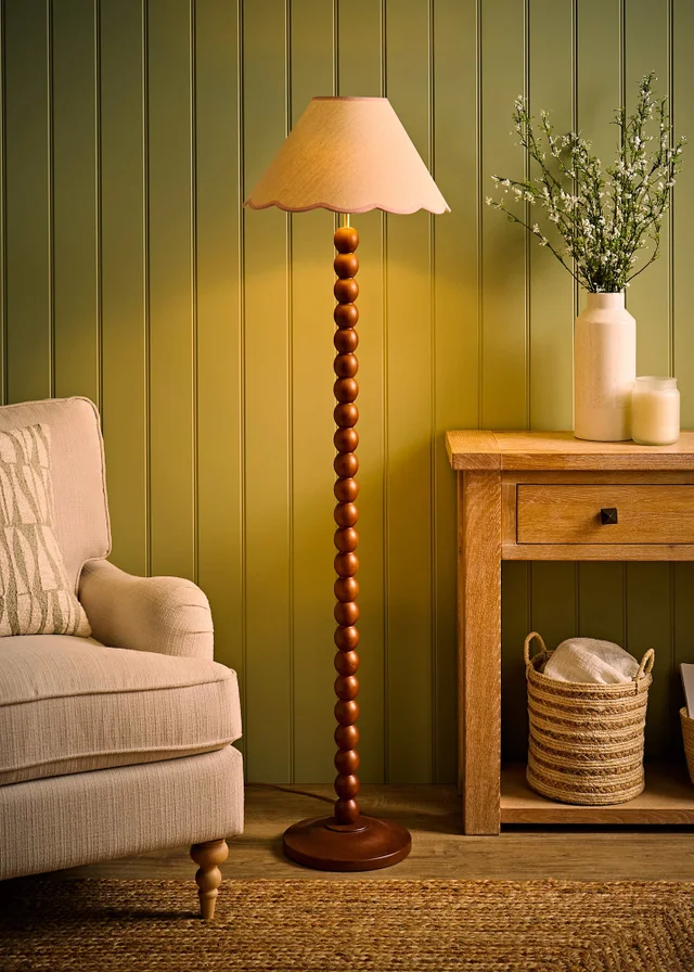 ValueLights Bobble Walnut Floor Lamp with Pink Trim Scallop Shade