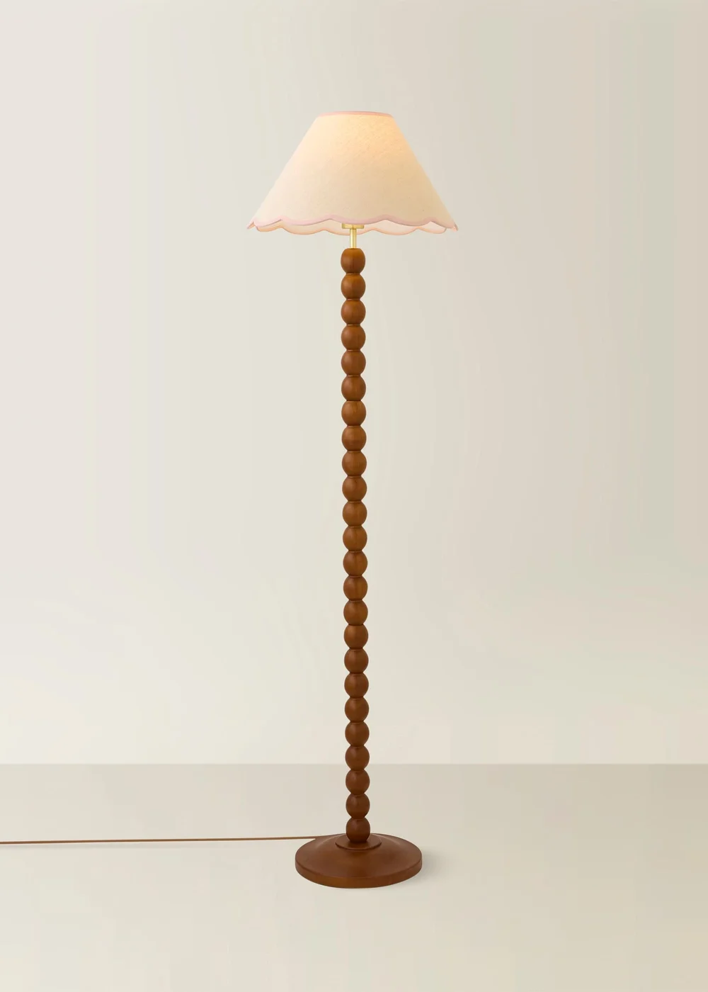ValueLights Bobble Walnut Floor Lamp with Pink Trim Scallop Shade - One Size Image 2
