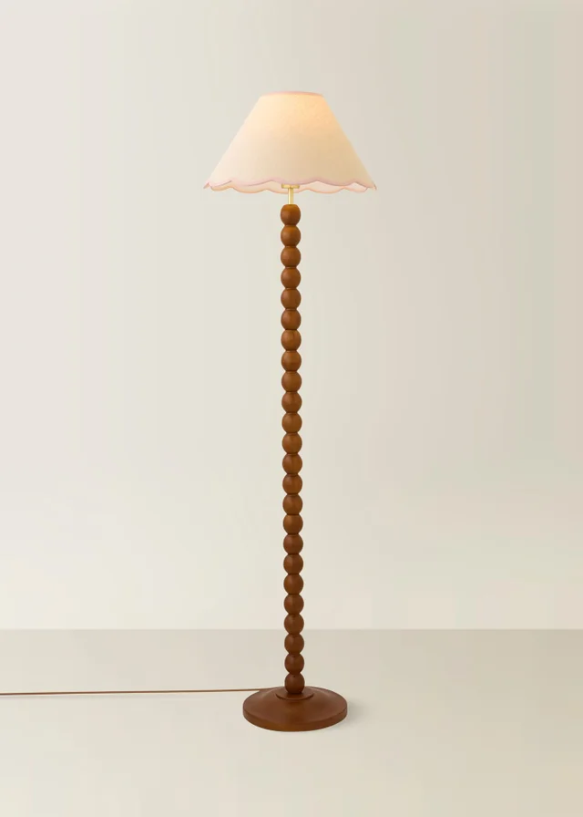 ValueLights Bobble Walnut Floor Lamp with Pink Trim Scallop Shade