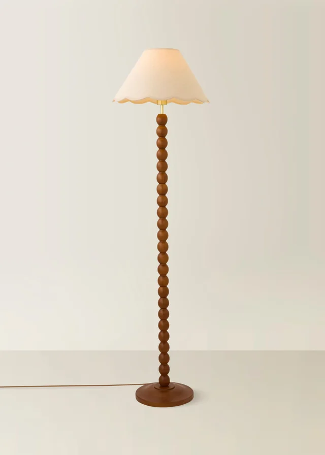 ValueLights Bobble Walnut Floor Lamp with Natural Trim Scallop Shade