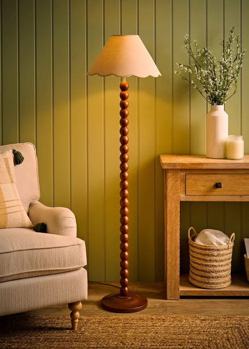 ValueLights Bobble Walnut Floor Lamp with Natural Trim Scallop Shade - One Size Image 1