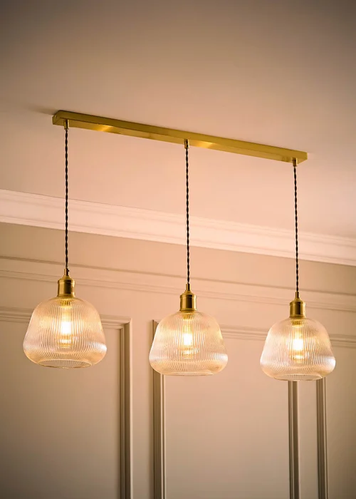 ValueLights Delora Brushed Gold Ribbed Glass 3 Drop Diner Ceiling Light - One Size Image 1