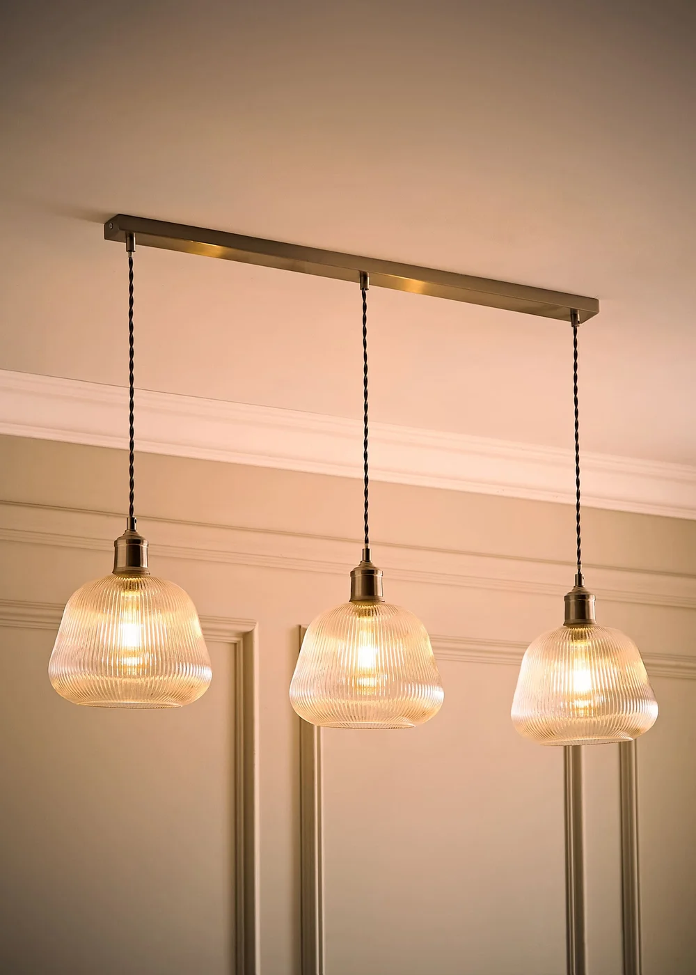 ValueLights Delora Brushed Chrome Ribbed Glass 3 Drop Diner Ceiling Light - One Size Image 1