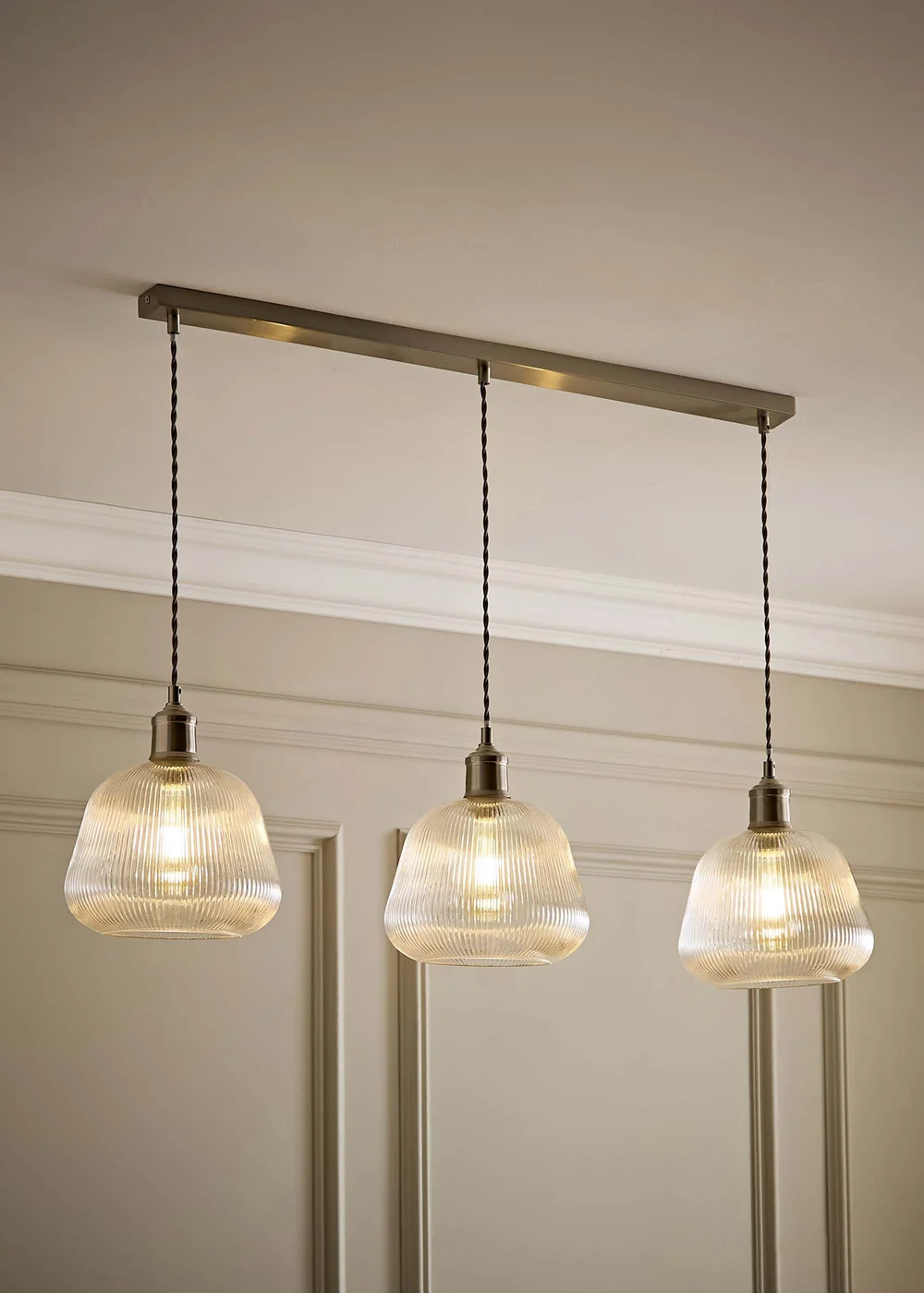 ValueLights Delora Brushed Chrome Ribbed Glass 3 Drop Diner Ceiling Light - One Size Image 5