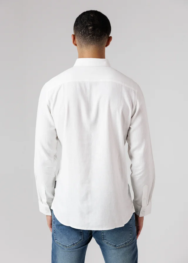 French Connection White Linen Blend Long Sleeve Chest Pocket Shirt