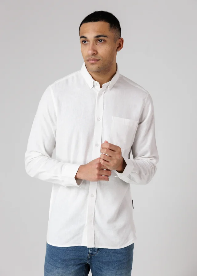 French Connection White Linen Blend Long Sleeve Chest Pocket Shirt