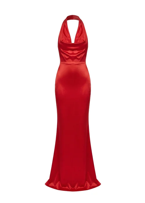 Goddiva Red Halter Cowl Neck Back Maxi Dress - 12 Image 4