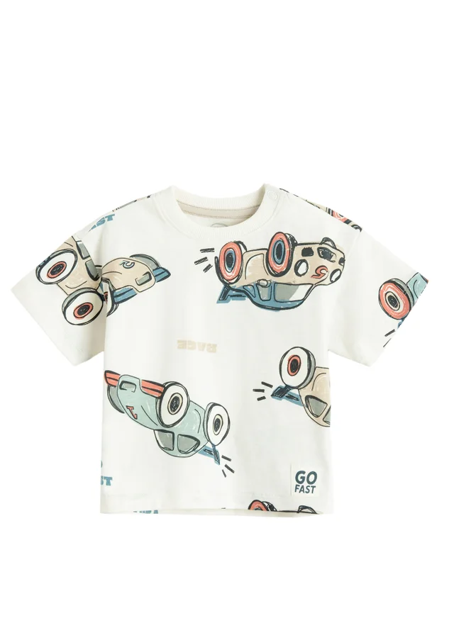 Cool Club White Short Sleeve Car Print T-Shirt (3-24 mnths)