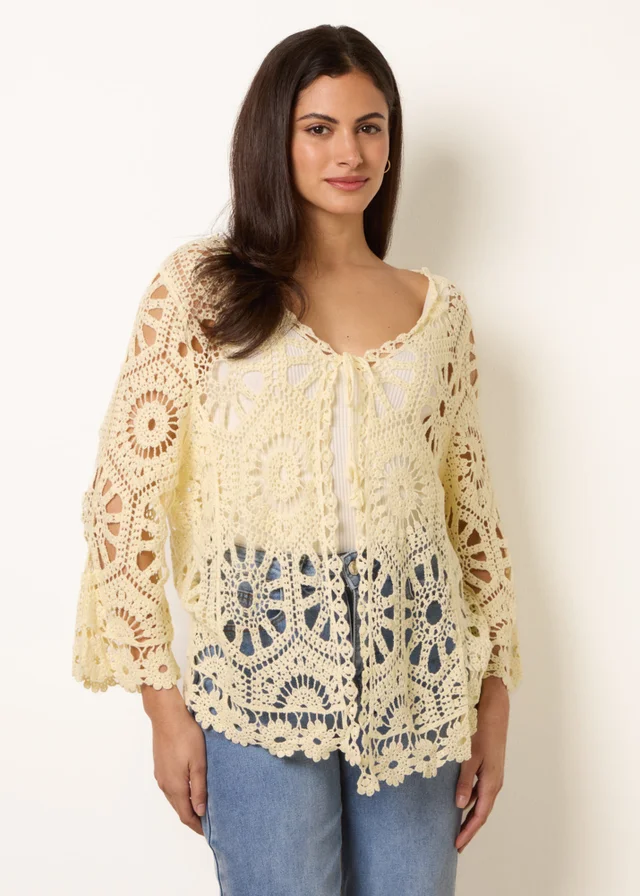 Blue Vanilla Yellow Long-Sleeved Crochet Cardigan