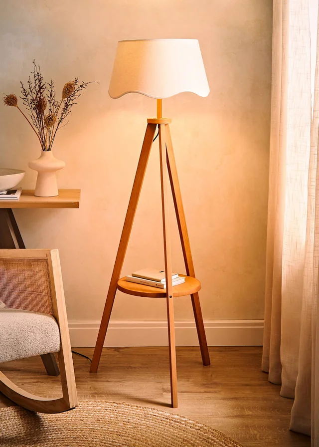 ValueLights Morrigan Shelf Floor Lamp Mid Wood with Natural Scalloped Linen Shade