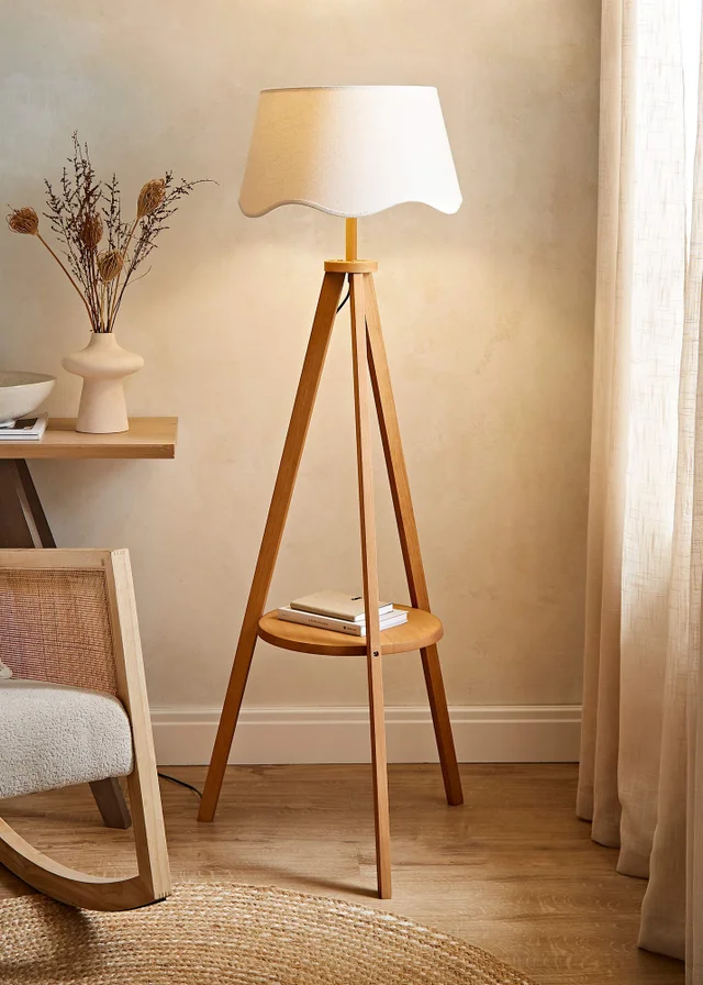 ValueLights Morrigan Shelf Floor Lamp Mid Wood with Natural Scalloped Linen Shade