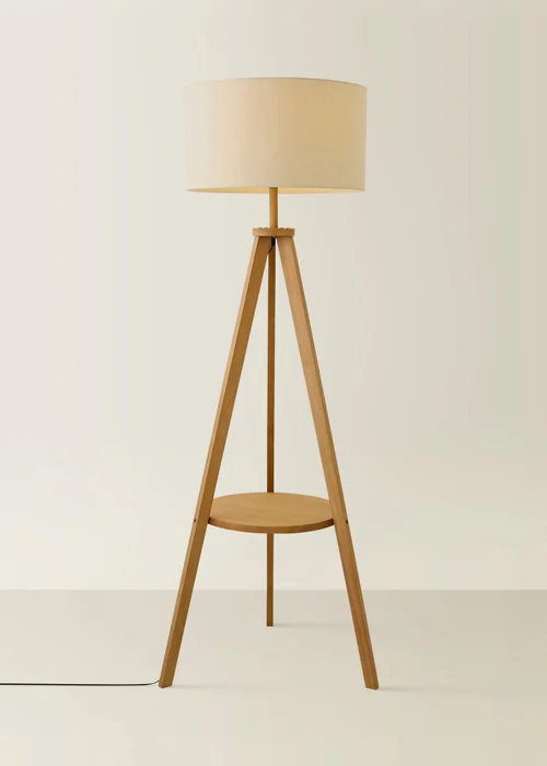 ValueLights Morrigan Shelf Floor Lamp Mid Wood with Cream Drum Shade - One Size Image 3