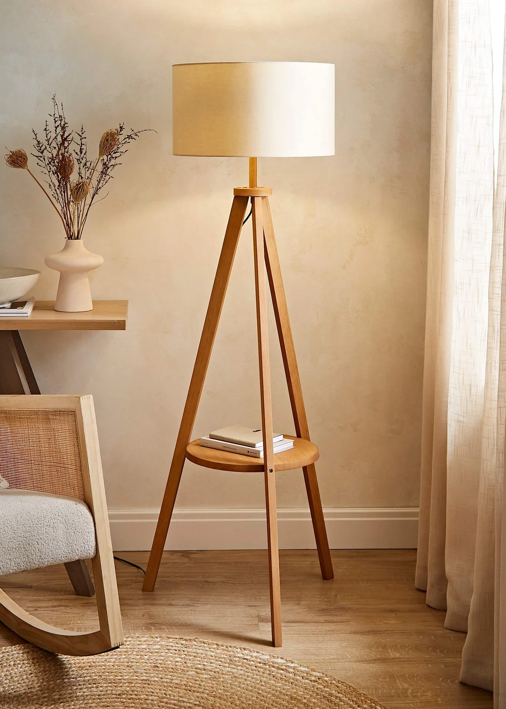 ValueLights Morrigan Shelf Floor Lamp Mid Wood with Cream Drum Shade - One Size Image 1